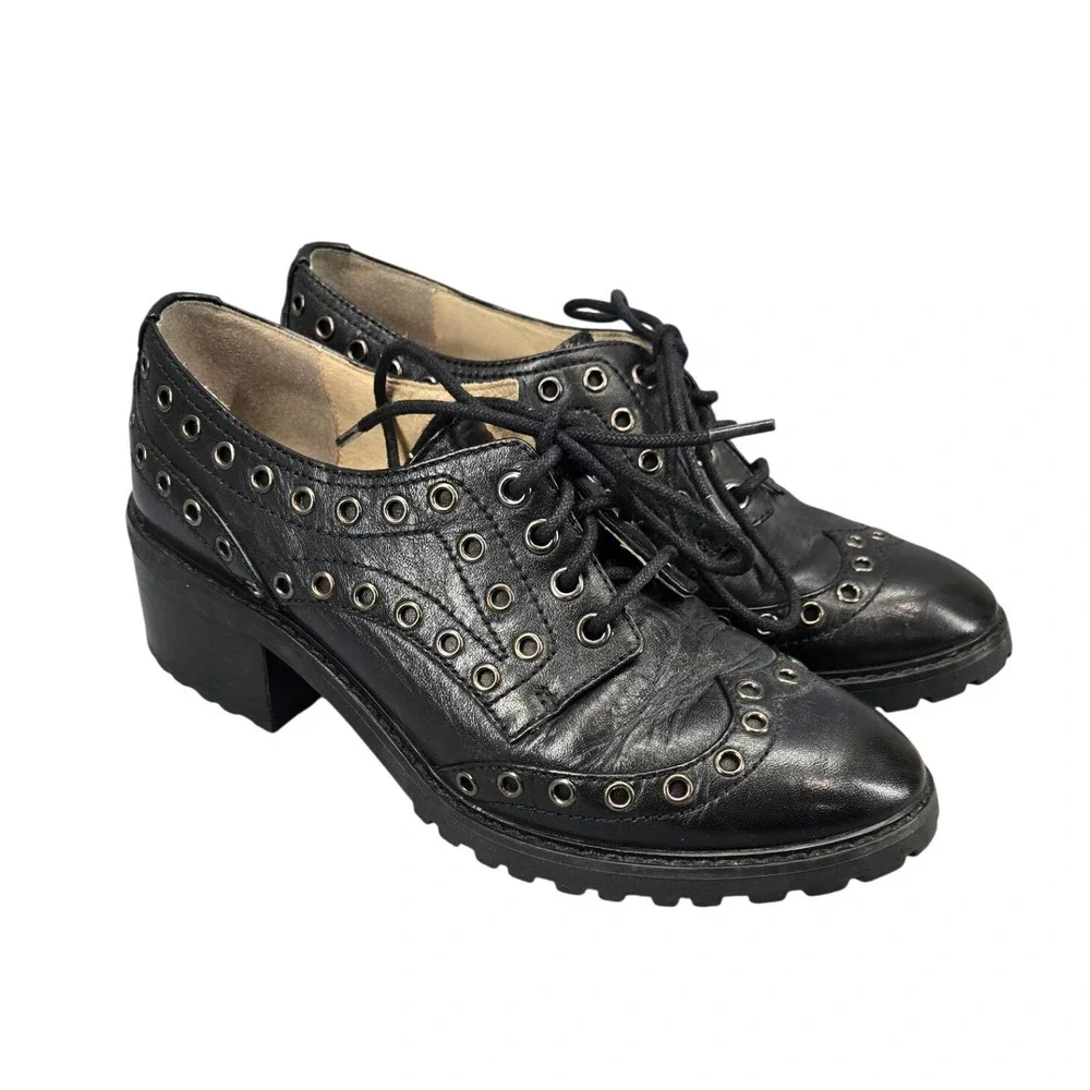 Michael Kors Black Leather Grommet Eyelet Lace Up Block Heel Oxfords 7M Goth - Picture 1 of 7